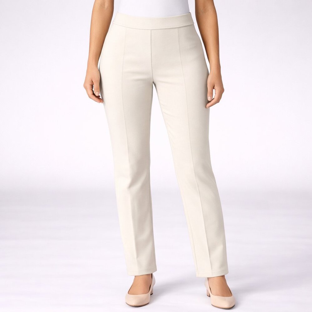Belle by Kim Gravel Pull-On Straight Leg Pants Cream Stretch